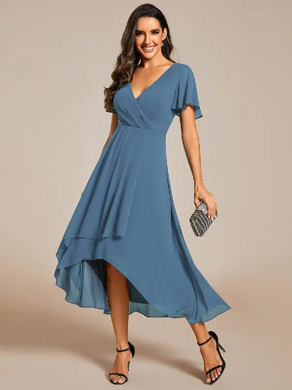 Lana | Pleated Chiffon Ruffles Sleeve Midi Evening Dress Chic Trends For The Fashion Savvy