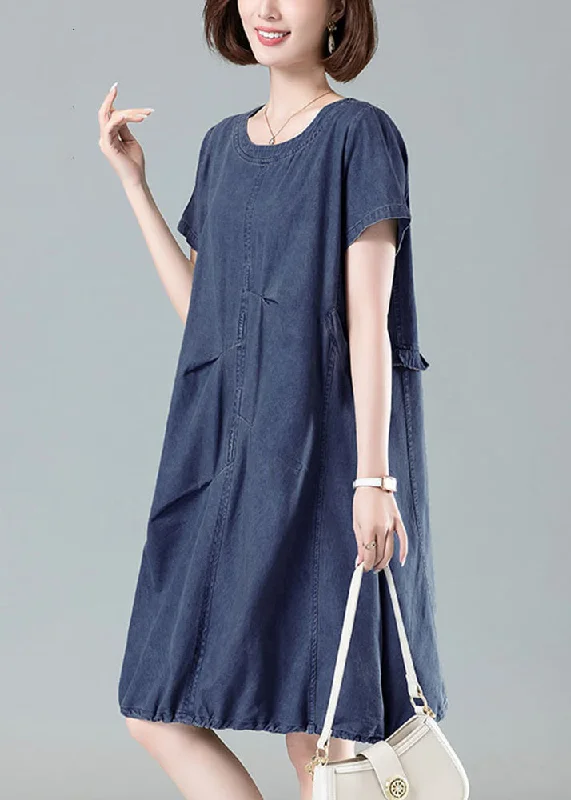 Women Navy Ruffled Drawstring Denim Dresses Summer Alluring Design