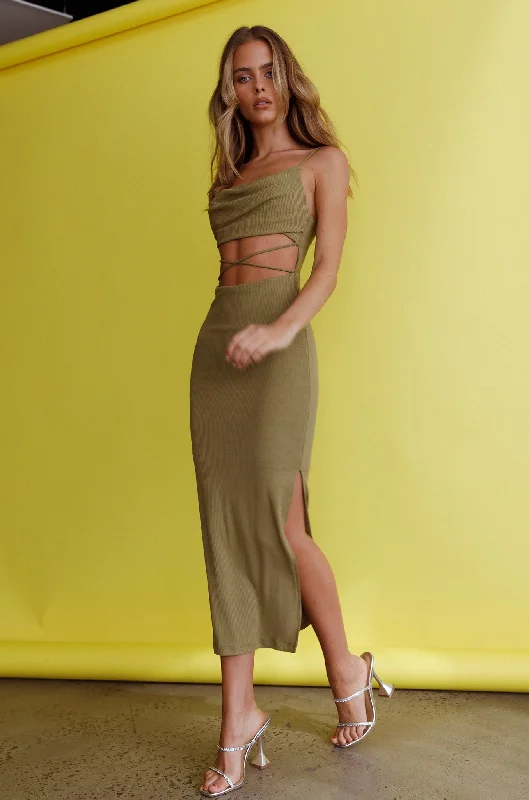 Crazy In Love Cowl Neck Cut-Out Waist Midi Dress Olive Must Haves