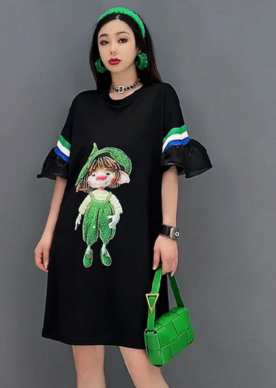 Natural Black O-Neck Patchwork Ruffles Print Cotton Maxi Dresses Short Sleeve Top Brand Discounts