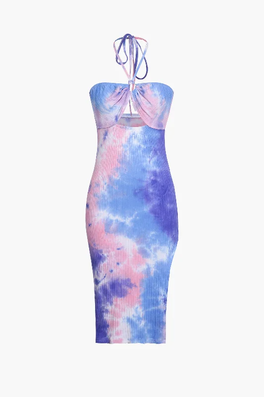 Blue Tie Dye Halter Neck Midi Dress Chic Outfits