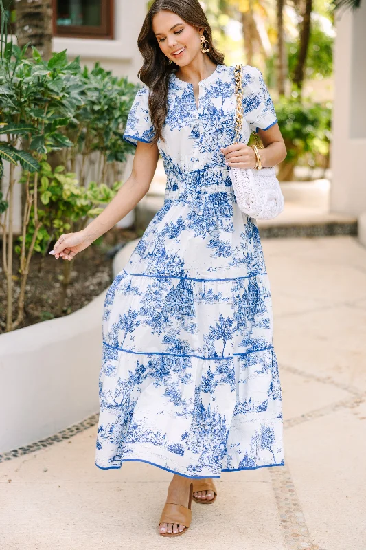 Share Your Happiness Blue Toile Maxi Dress Seasonal Sale