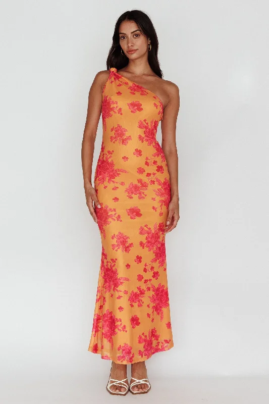 Portland One-Shoulder Jersey Maxi Dress Floral Orange Minimalist Elegant