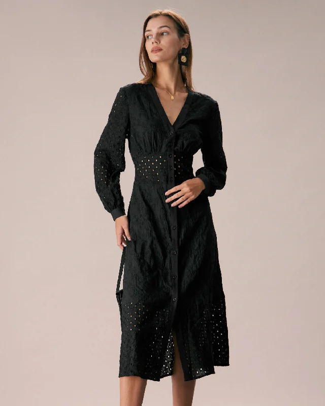 The Black V Neck Cutout Embroidery Midi Dress Cool Prices