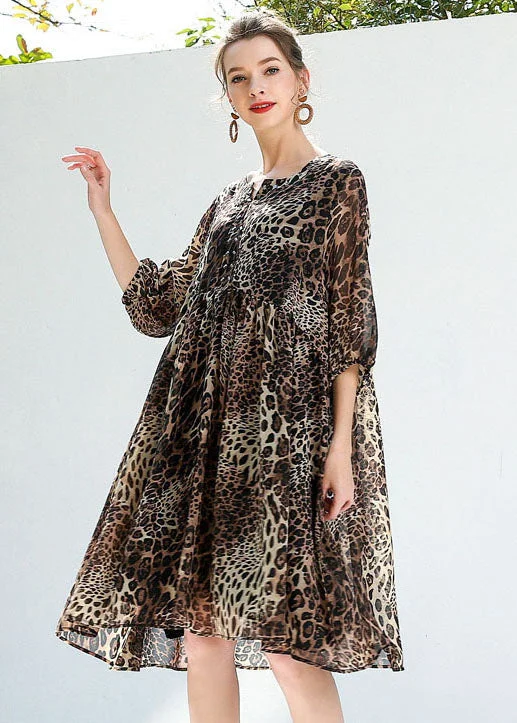 Coffee Leopard Print Chiffon Beach Dresses O-Neck Rivet Summer Vibrant Femme Fashion