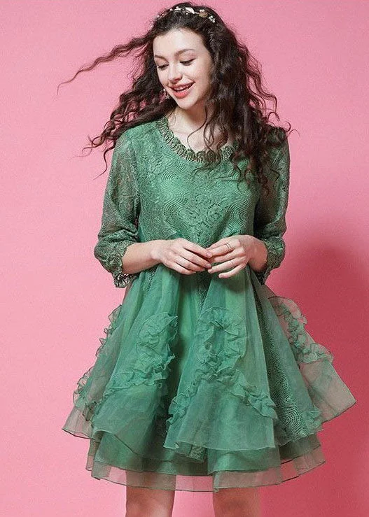 DIY Green Ruffled Patchwork Organza Lace Short Dress Bracelet Sleeve Parisian Effortless Chic Style