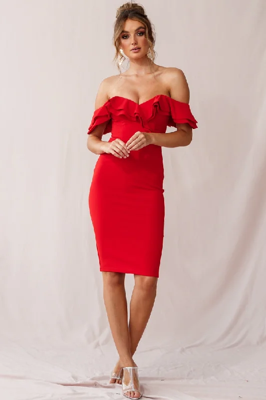 Rossi Ruffled Off The Shoulder Bodycon Dress Red Gorgeous Glamour Collection