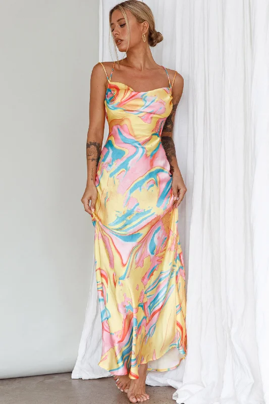 Moment With You Ruched Bust Midi Dress Swirl Yellow/Green Today Only