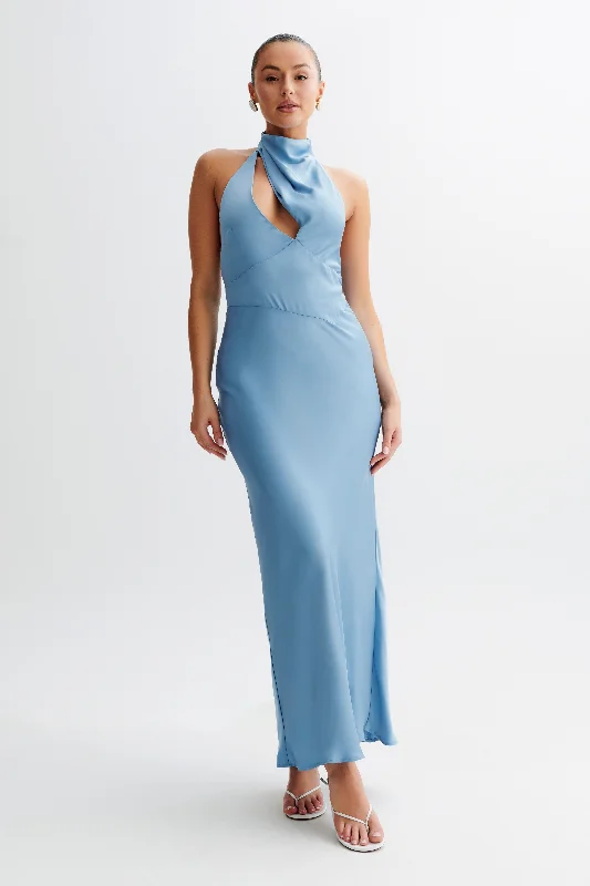 Belladonna Satin Halter Maxi Dress - Iris Blue Mother's Day Special