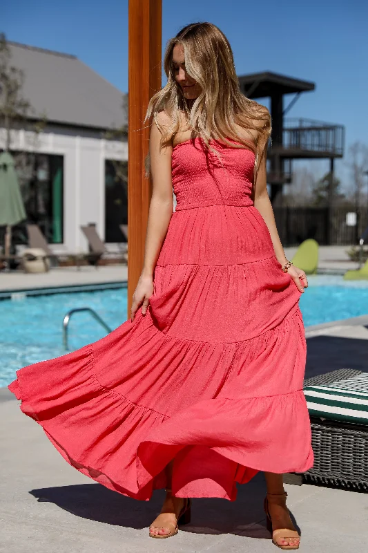 FINAL SALE - Getaway Mood Coral Strapless Tiered Maxi Dress - DU DEAL Trend Setting Threads