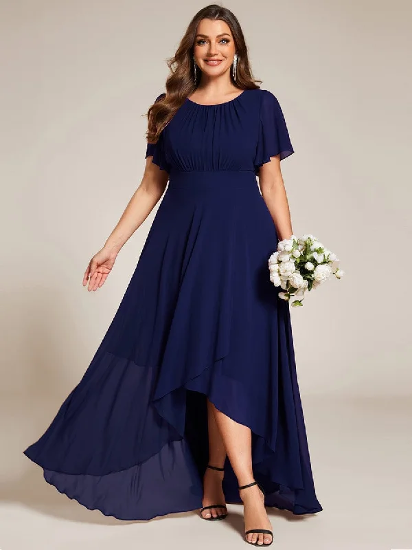 Claire | Plus Size Asymmetric Hem Short Sleeve Round Neckline Chiffon Bridesmaid Dress Sale Event, Prices Rock