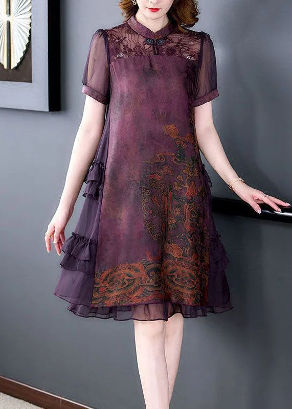 Chinese Style Red Stand Collar Patchwork Ruffles Silk Dress Summer Hot Deals