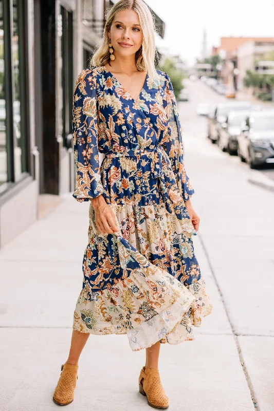 It Could Be Navy Blue Floral Midi Dress Chic Styles