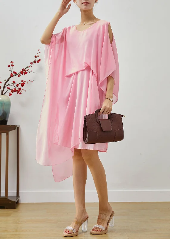 Boho Pink Asymmetrical Cold Shoulder Chiffon Beach Dresses Summer Chic Everyday Wear