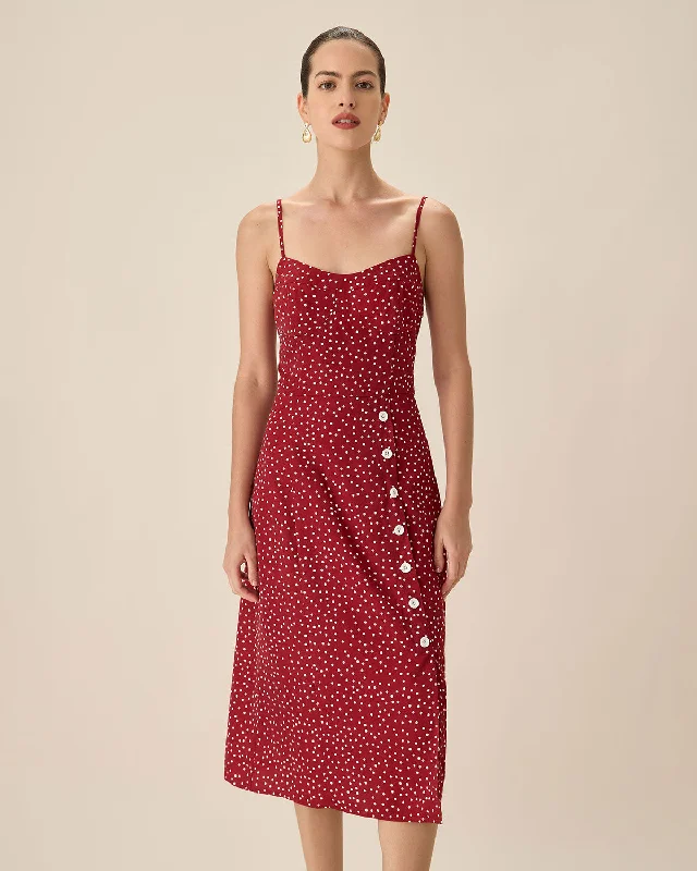 Red Polka Dot Slip Midi Dress Holiday Glam