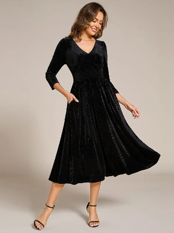 Ida | Long Sleeve High Stretch Velvet Tea Length Wedding Guest Dress Fashion Forward Femininity