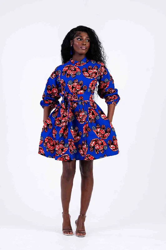 Olivia Mini Dress | Blue and Red African Print Minimalist Elegant