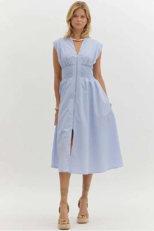 Elizabeth Zip Front Midi Dress in Baby Blue Limited Stock