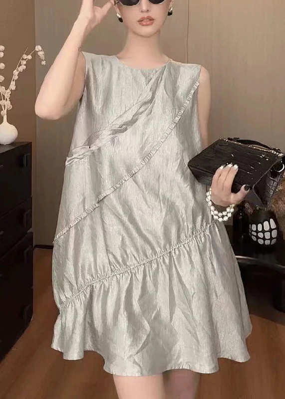 New Grey O Neck Solid Cotton Mid Dress Sleeveless Stylish Spring Fashion