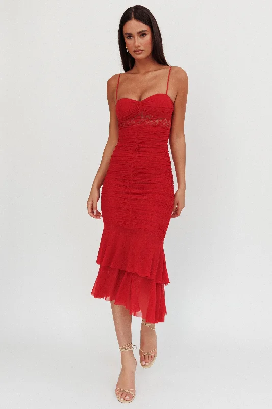 Cherubim Lace Insert Ruched Midi Dress Red Wardrobe Refresh