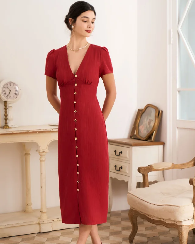 The Red V Neck Shirred Puff Sleeve Midi Dress Limited Stock, Big Sale