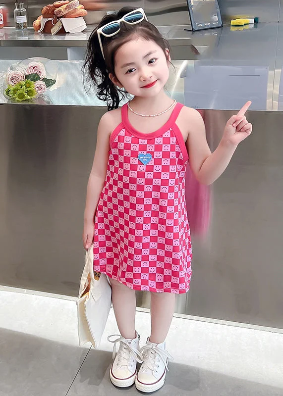 Cute Pink O-Neck Print Girls Slip Mid Dress Summer Chic Urban Fashion Look