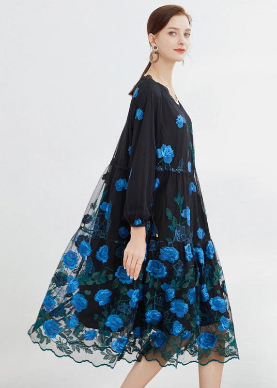 Beautiful Blue Embroideried Floral Tulle Long Dresses Long Sleeve Current Trends