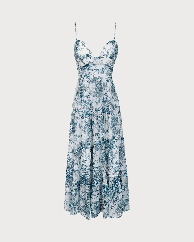 Blue Floral Tie Strap Midi Dress Eco Friendly Fashion Sale