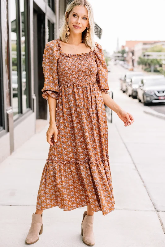 By This Time Orange Ditsy Floral Midi Dress Vintage Charm