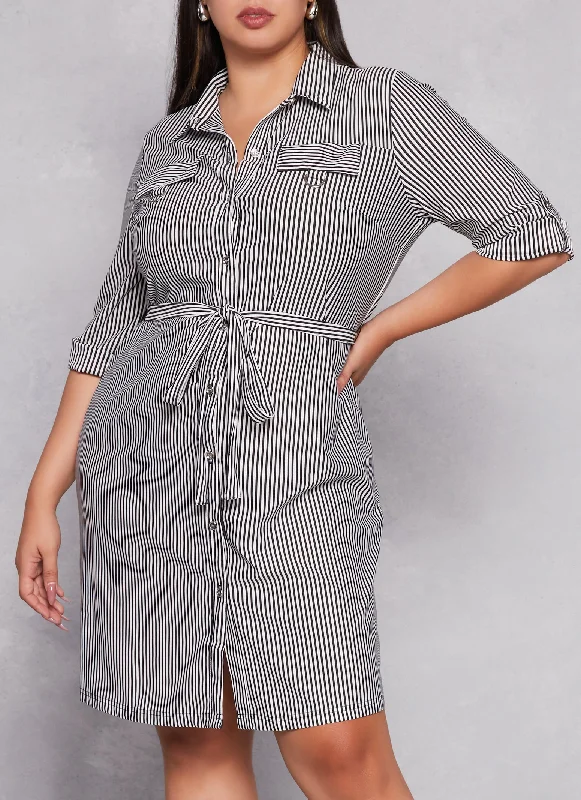 Plus Size Striped Button Front Belted Shirt Dress Season Offer