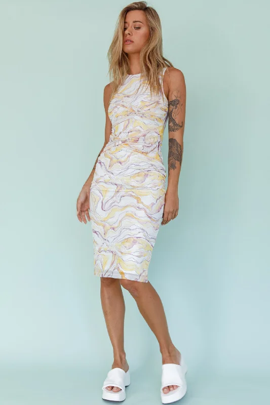 Sarafina Twist Accent Mesh Midi Dress Marble Yellow Wardrobe Upgrade