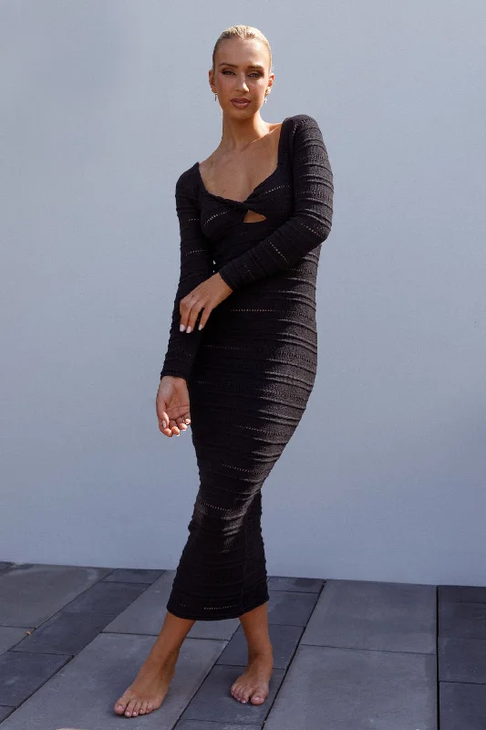 Beachside Crochet Knit Long Sleeve Midi Dress Black Break Fashion Norms