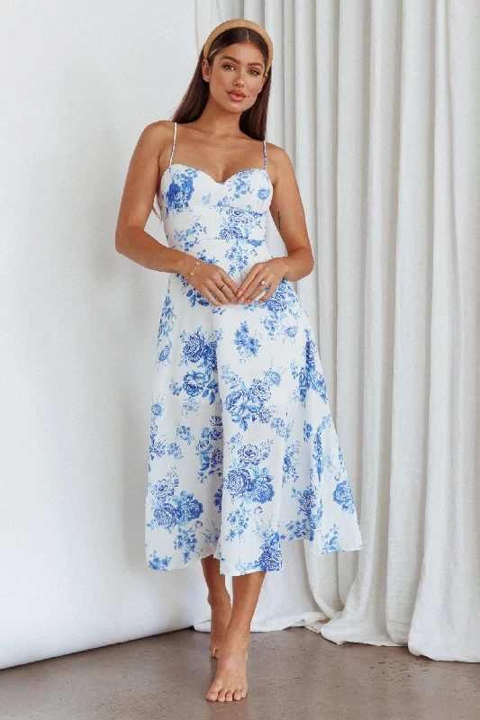 Mi Vida Sweetheart Neckline Midi Dress Floral Blue Stylish Spring Fashion