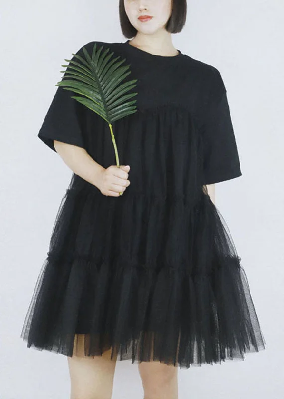 Black Tulle Patchwork Cotton A Line Dress O-Neck Short Sleeve Effortless Style