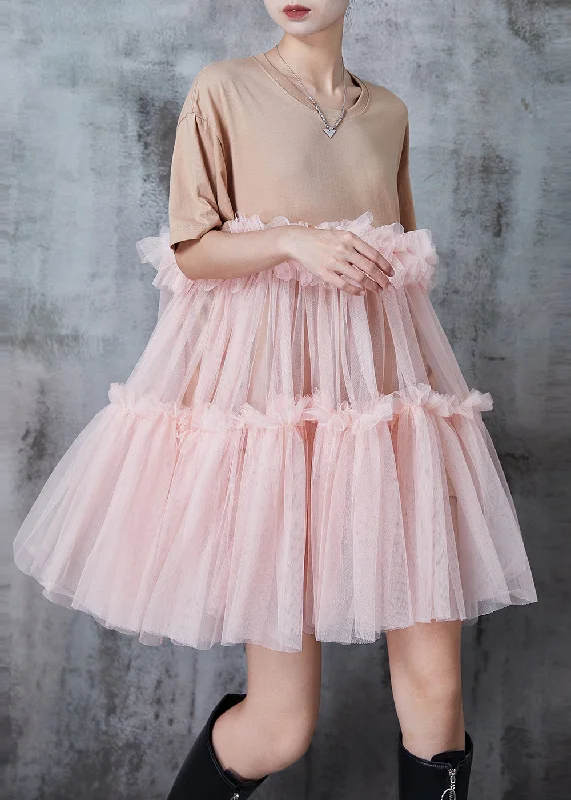 Casual Apricot Ruffled Patchwork Tulle Tea Dress Summer Comfortable Chic