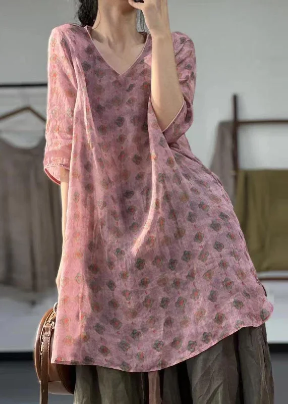 Boho Pink V Neck Print Patchwork Linen Mid Dress Summer Fashion Forward, Function First