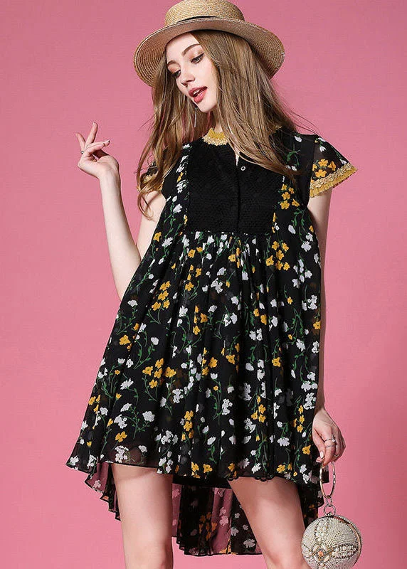 Style Black Print Low High Design Chiffon Pleated Dress Summer Casual Chic