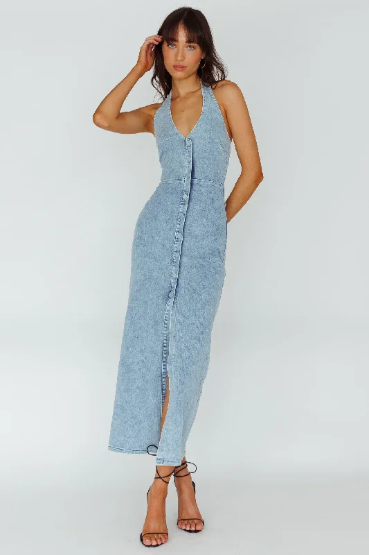 Renita Halterneck Button Maxi Dress Denim Blue Versatile Wardrobe Essentials