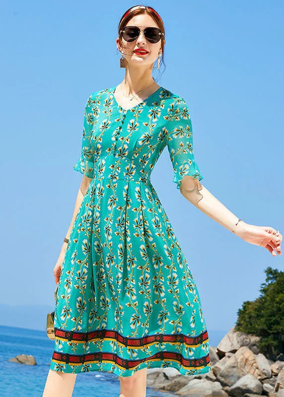 Casual Peacock Green V Neck Print Elastic Waist Silk Dress Short Sleeve Refined Simplicity