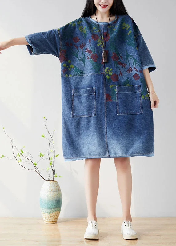 Organic Navy O Neck Patchwork Denim Dresses Half Sleeve Latest Fashion