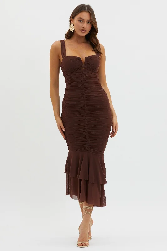 Nadia Ruched Fishtail Maxi Dress Chocolate Urban Femme Streetwear