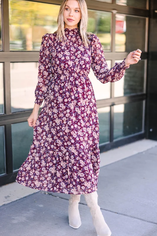 Ready For Anything Burgundy Red Floral Midi Dress Trendy Aesthetics