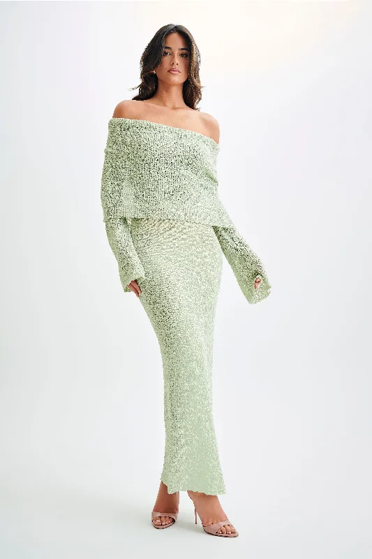 Marisol Off Shoulder Boucle Maxi Dress - Pastel Green Minimalist Chic