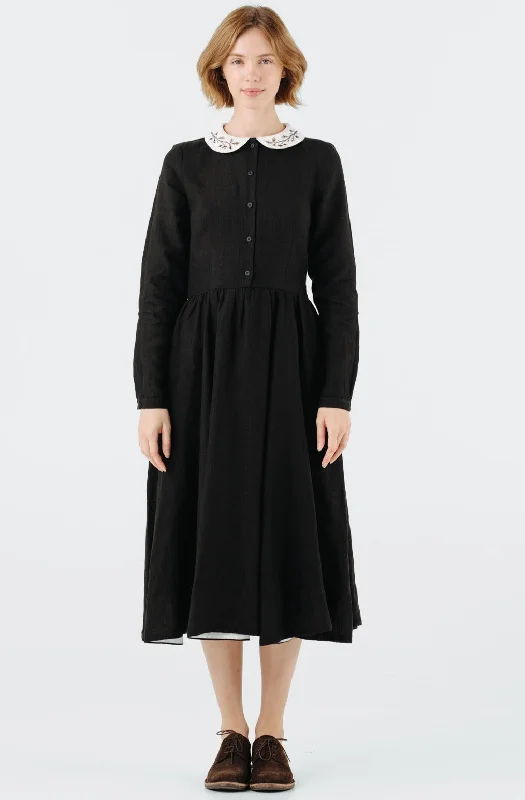 Classic Dress with Embroidered Hazelnut Collar, Long Sleeve Chic Allure