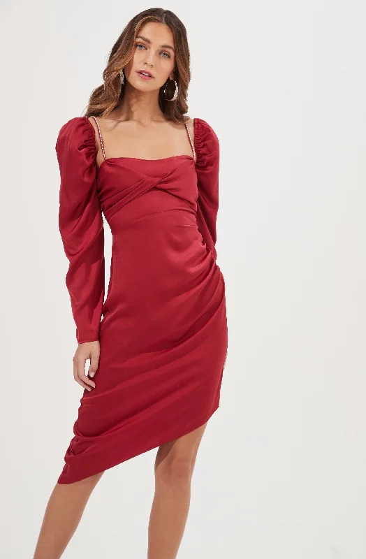 Claudina Rhinestone Embellished Satin Long Sleeve Midi Dress Statement Piece