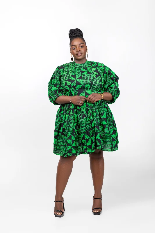 Morayo Ankara Short Mini Dress | Green African Print Bold Patterns