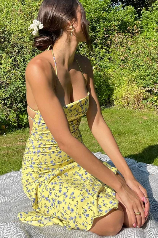 TastyHottie - Yellow Floral Print Tie-back Slit Dress Unleash Your Trendy Side