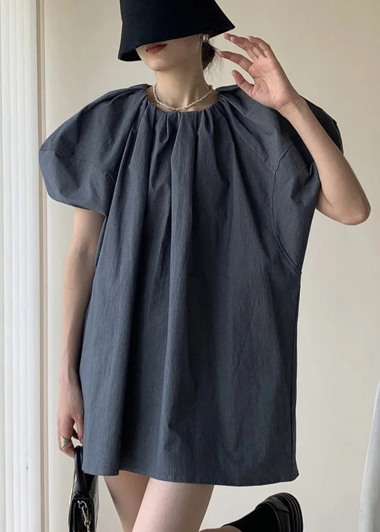 French Grey O Neck Wrinkled Patchwork Cotton Dress Puff Sleeve Everyday Basics