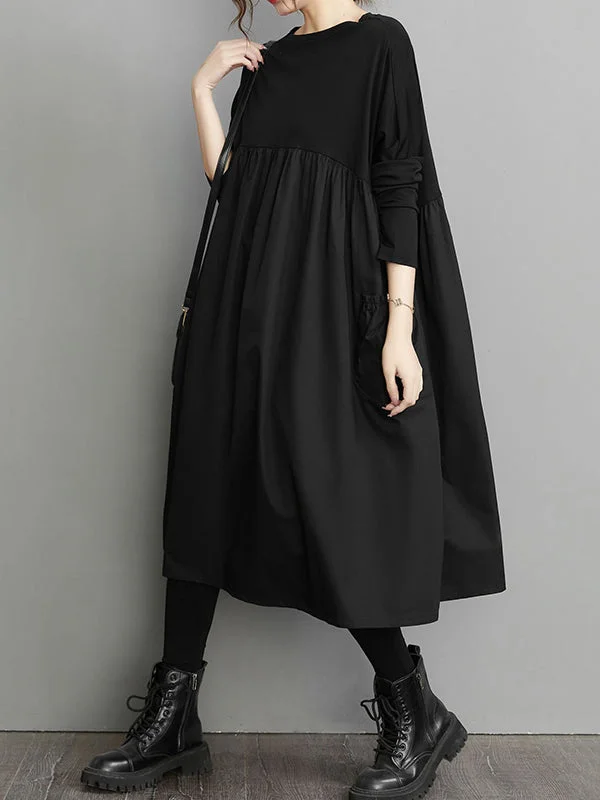 Simple Loose Black Split-Joint Modern Long Sleeves Midi Dress Low Price Special