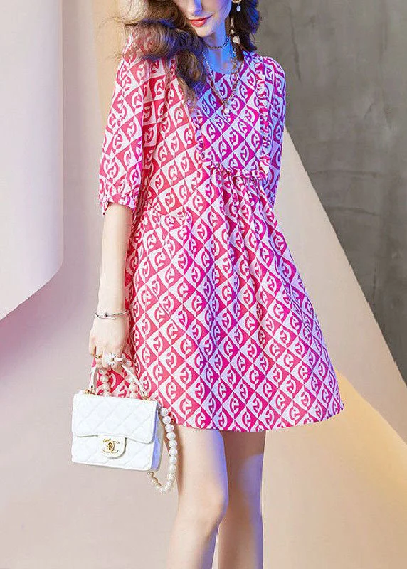 Handmade Pink O Neck Plaid Print Chiffon Shift Dresses Summer Wardrobe Essentials